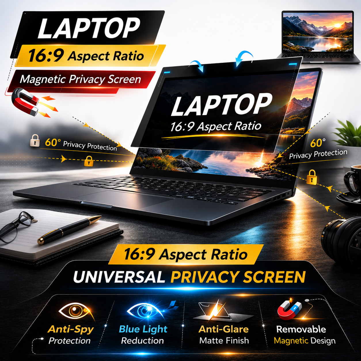 Laptop Magnetic Privacy Screen Filter |Anti-Spy & Blue Light Protection (16:9)